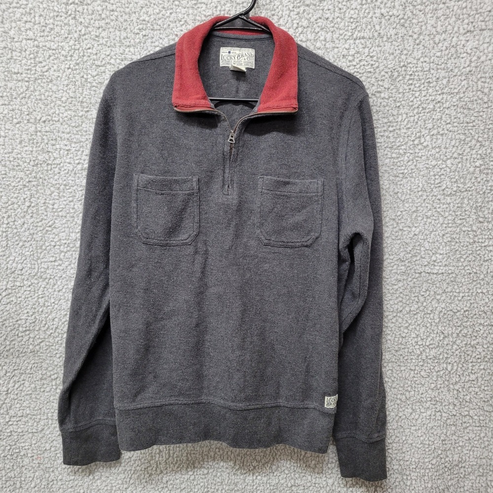 Lucky Brand Mens Quarter Zip Pullover Sweater Gray Red Collar Size M